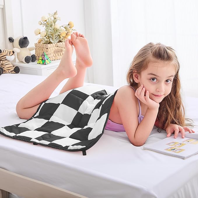 yescool Black Checkered Weighted Lap Pad 2 Pounds Cooling Weighted Lap Blanket, Plaid Small Weighted Blanket, Weighted Throw Blankets Gifts for Travel Indoor Outdoor, 20"x30"