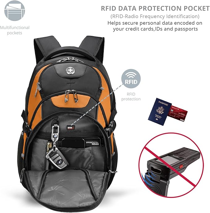 Swissdigital Design Laptop Backpack with USB Charging Port, Travel Backpack Fits 15.6 inches Computer, 31L College School Backpack for Men, Orange/Black | SD803-66