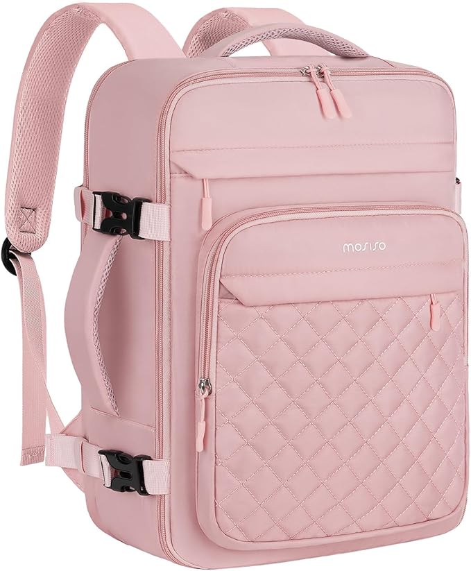 MOSISO Travel Backpack for Women Men, 15-15.6 inch Rhombus Quilted Laptop Backpack Flight Approved with Packing Cubes, 16 inch Carry on Daypack with USB Port for College Work Business, Pink