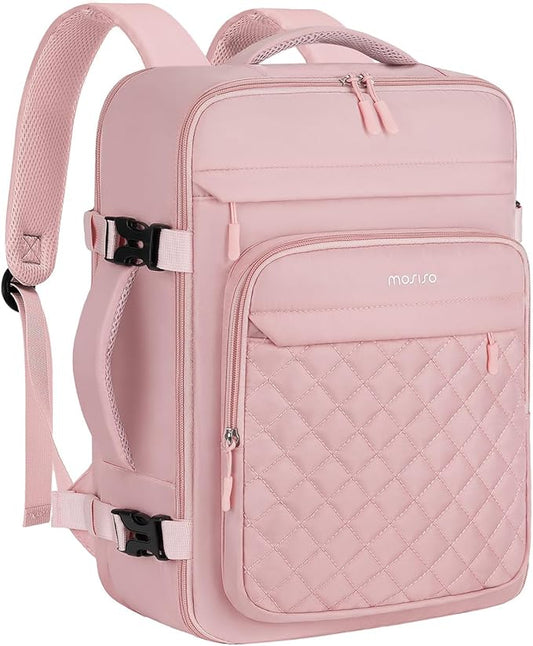 MOSISO Travel Backpack for Women Men, 15-15.6 inch Rhombus Quilted Laptop Backpack Flight Approved with Packing Cubes, 16 inch Carry on Daypack with USB Port for College Work Business, Pink