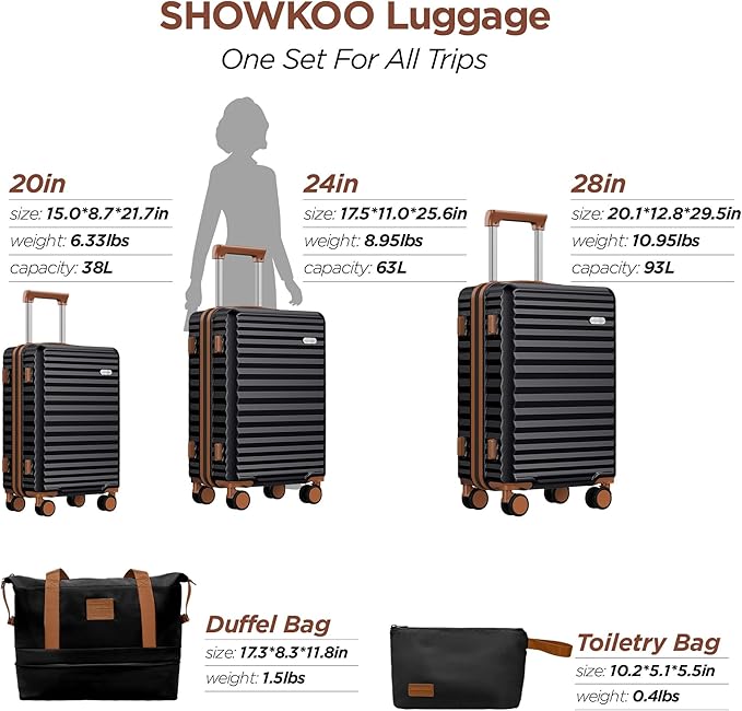 SHOWKOO Suitcase Hardside Expandable Luggage Set, Suitcase with Double Spinner Wheels TSA Lock 3 Piece Luggage Set Black (DB/TB/28in)