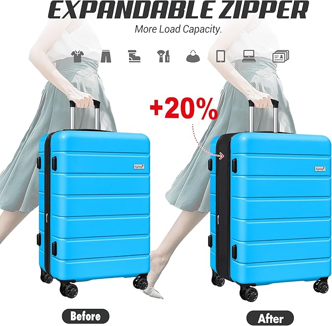 SmileLine 3-Piece Luggage Set Lightweight Hardside Suitcase TSA Lock Spinner Wheels, 20" Expandable Carry-On Luggage with Quick Access Front Open Pocket, Bonus Makeup Bag,Blue