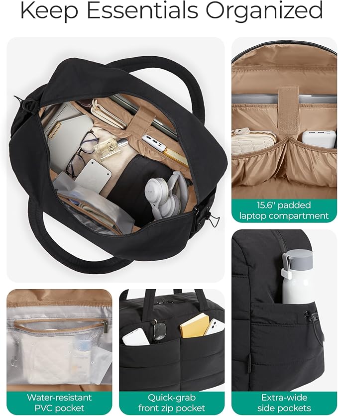 BAGSMART Gym Bag for Women, Lightweight Puffer Duffle Bag 2-PC Travel Bag, 31L Weekender Overnight Bag Quilted Carry On Tote Bag, Diaper Hospital Dance bag for Travel, Gym, Water Resistant, Black