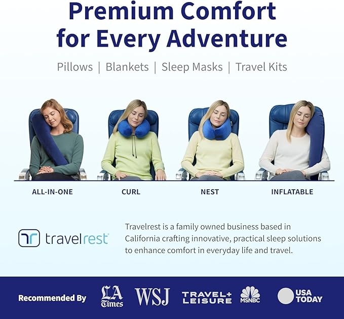 TRAVELREST Nest Neck Support Pillow - Travel Essentials, Memory Foam, Compact Travel Pillow for Long Flights, Plane Sleeping Accessories, Comfortable, Compact, Washable, Attaches to Luggage - Blue