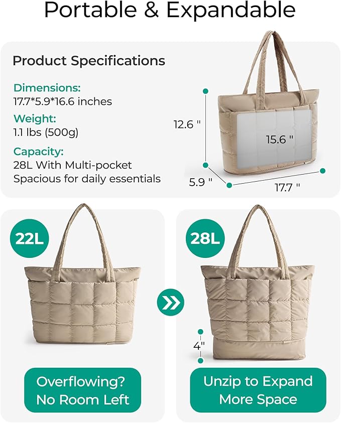 BAGSMART Expandable Tote Bag for Women, Puffer Work Tote Handbag, Quilted Carry On Bag for Travel Gym