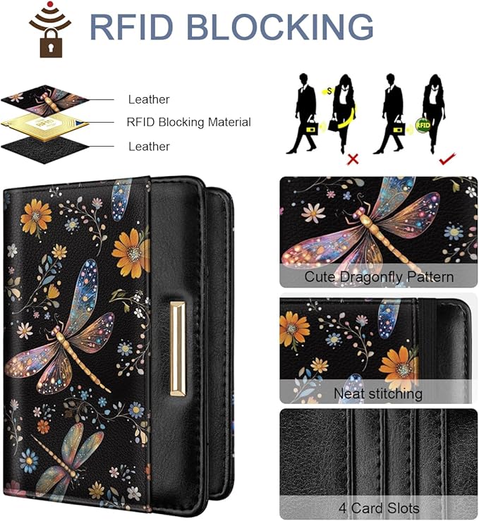 Passport Holder Cover Travel RFID Blocking Passport Cover Cute Flowers Passport Wallet with Elastic Band for Women, Dragonflies