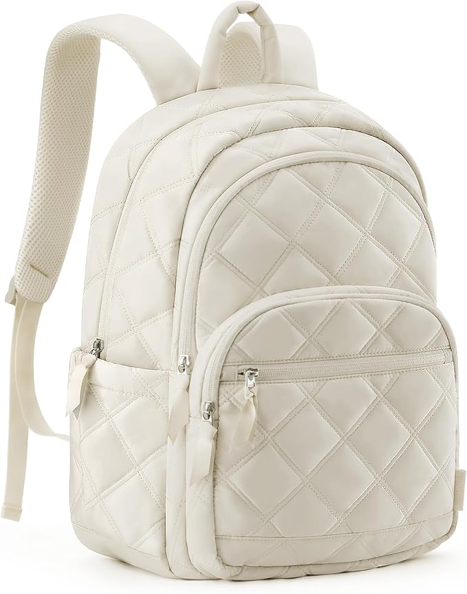BAGSMART Travel Laptop Backpack, College Backpack for Women, Quilted Small Computer Bookbag, Water-Resistant 15.6 Inch Laptop Casual Bag, Vanilla