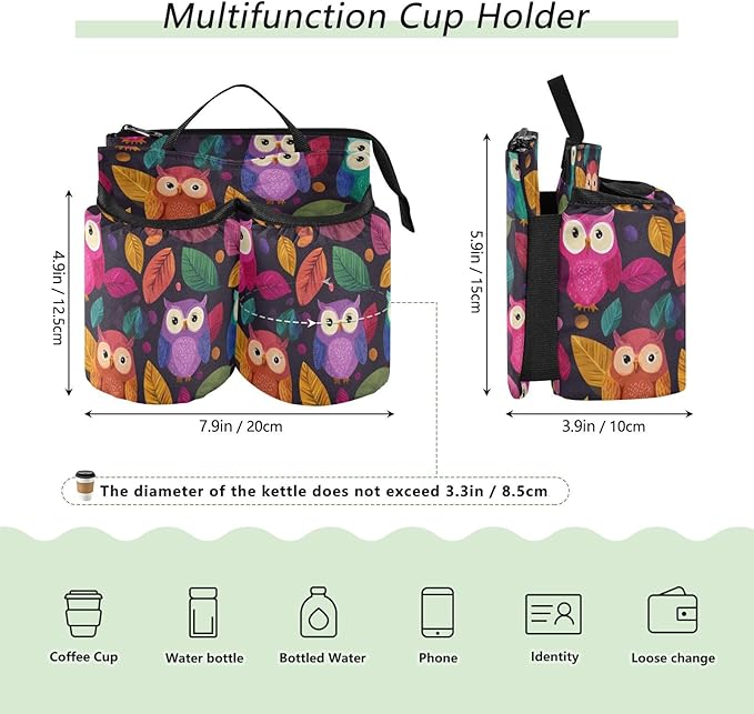 Luggage Cup Holder for Suitcases Free Hands Travel Cup Holder Portable Suitcase Cup Drink Holder Luggage Cup Caddy Bag Carrier Black Owl and Leaves