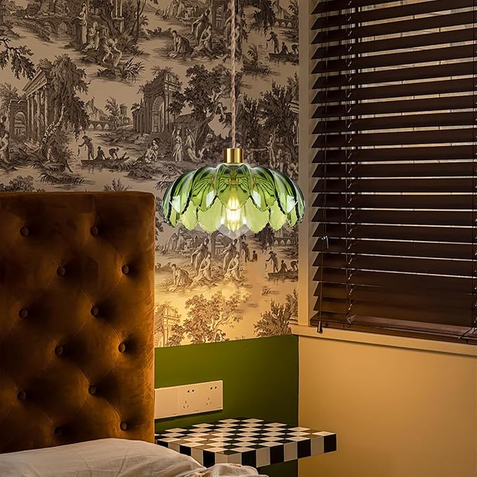 QIYIZM Plug in Pendant Light Hanging Lights with Plug in Cord Boho Hanging Lamp Glass Gold Mid Century Modern Vintage Dimmable Green Flower Plug in Chandelier Ceiling Fixture for Living Room,Kitchen