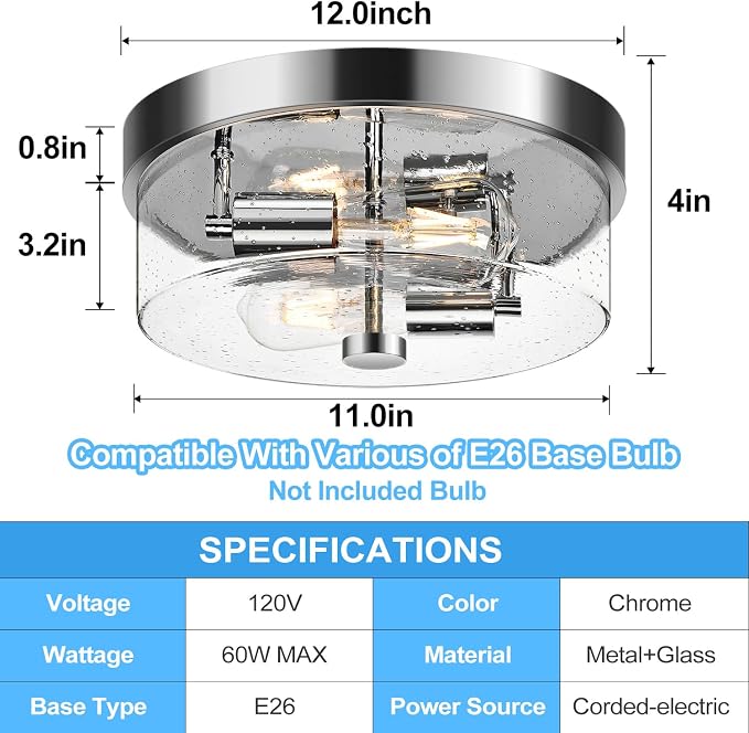 Flush Mount Ceiling Light Fixtures, 2-Light Chrome Ceiling Mount for Farmhouse with Seeded Glass Lampshade, Industrial Hall Flush Mount Light Fixture for Hallway, Kitchen, Entryway, Bedroom and Foyer