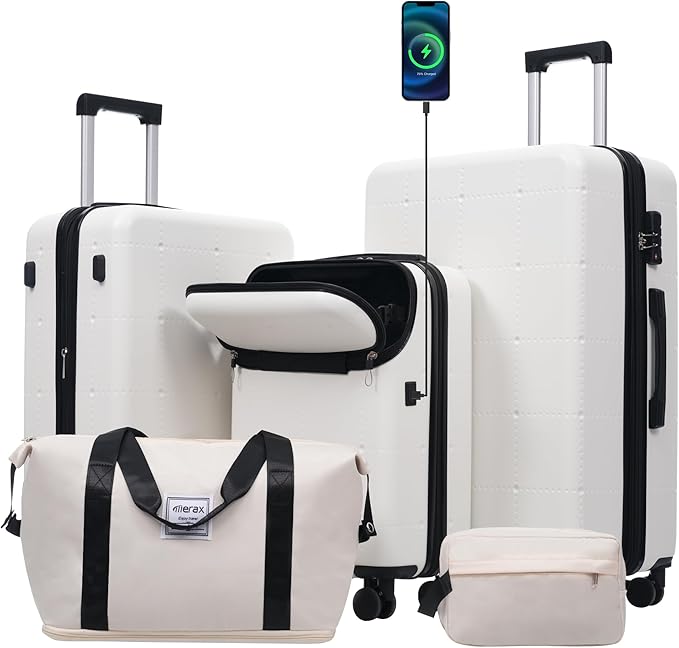 Merax Luggage Sets 5 Piece, Hardside 20" Half-opening Carry On Suitcase Set with USB Port,Lightweight Travel 24" 28" Luggage with Bags TSA Locks Double Spinner Wheels,White