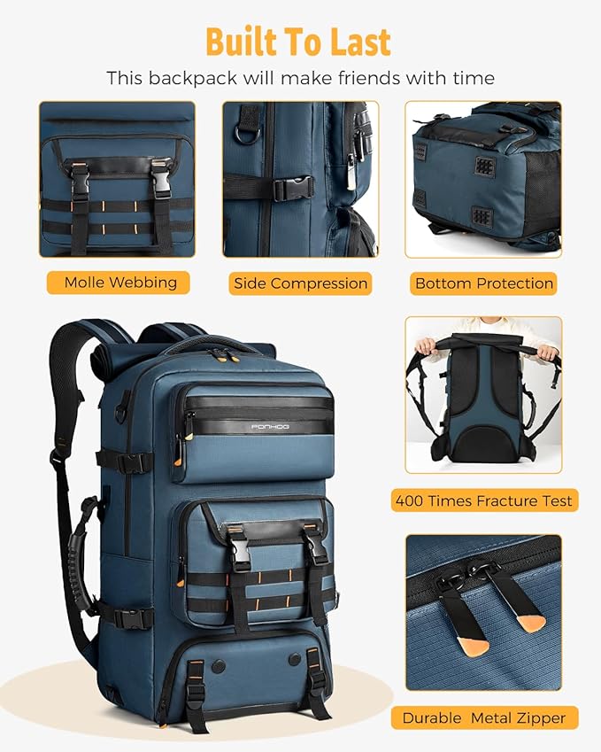 Ponhog Travel Backpack for Men, 50L Carry On Flight Approved Convertible Duffle Bag with Shoe Compartment, 17 inch Laptop Luggage with USB Charging Port for Weekender Hiking, Blue