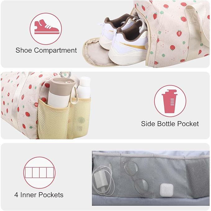 Gym Travel Duffle Bag for Girls - Gymnastics Sports Dance Bag with Shoe Compartment & Wet Pocket Strawberries Kids Travel Bag Teens Weekender Sleepover Carry On Bag