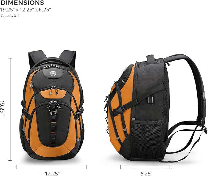 Swissdigital Design Laptop Backpack with USB Charging Port, Travel Backpack Fits 15.6 inches Computer, 31L College School Backpack for Men, Orange/Black | SD803-66