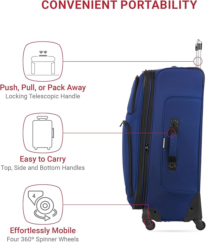 SWISSGEAR Sion Softside Expandable Spinner Luggage Durable Lightweight Travel Suitcase, Blue, Checked-Large 29-Inch