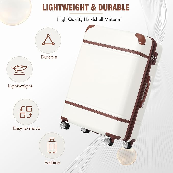 Merax Luggage Set 3 Piece Suitcase Set with 1 Cosmetic Case Expandable Spinner Wheels Vintage Luggage Sets(White,20"+24"+28")