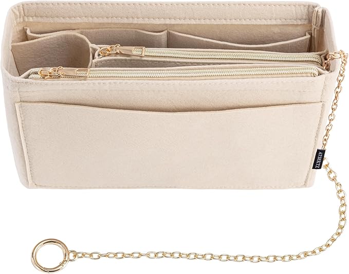 Purse Organizer Insert, Handbag Organizer with Zipper, Tote Shaper with Cup Holder & Keychain, Compatible with LV, Neverfull, MK, COACH, Longchamp, Kate Spade– Beige-Sl. Med