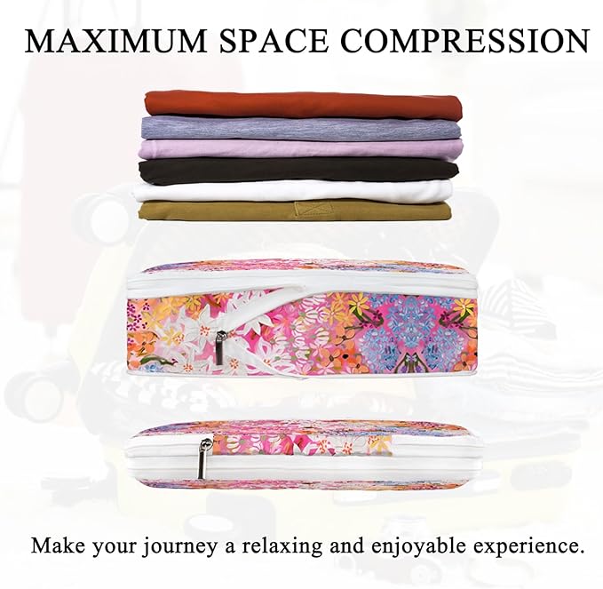 6 Pcs Compression Packing Cubes Waterproof Suitcase Travel Bag Luggage Backpack Organizer Travel Cubes for Packing-Small Floral Print