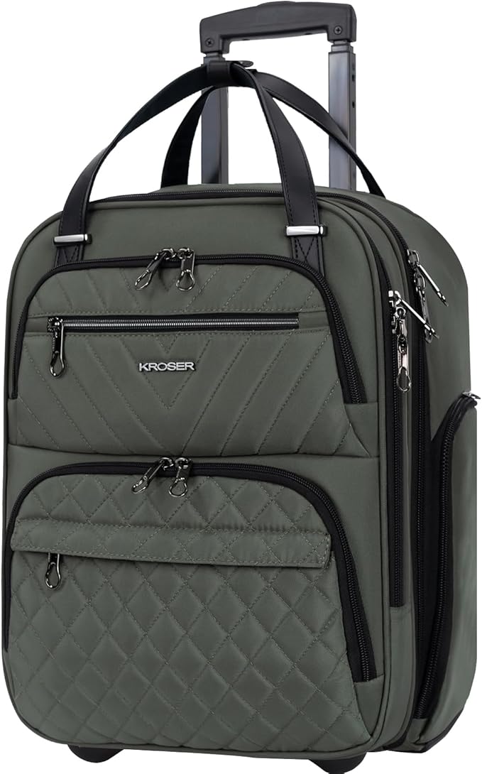 KROSER Carry On Underseat Multi-functional, 16-inch Underseater Lightweight Overnight Suitcase for Women, Army Green