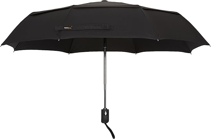 Amazon Basics Round Travel Umbrella with Auto Open/Close Button, Wind-Proof Compact Design, Wind Vent, Strong Alloy Steel Frame, Soft-Grip Handle, Storage Sleeve, 11" When Closed, Black