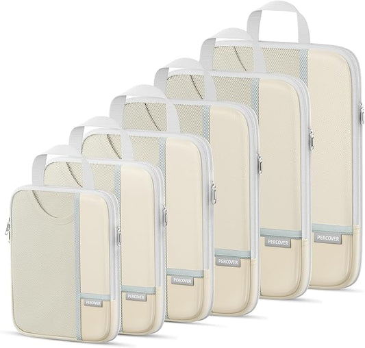 Percover Compression Packing Cubes 6-Piece Set, Packing Cubes Compression for Travel with Multi-Size Organization, Travel Organizer for Carry On & Checked Luggage, Beige