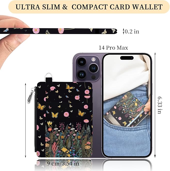 Hancynir Slim Wallet Women Credit Card Holder Butterfly Flowers Night RFID Small Mini Card Case Front Pocket PU Leather Thin Travel Zipper Coin Cash ID Window Girls Wallet Gifts