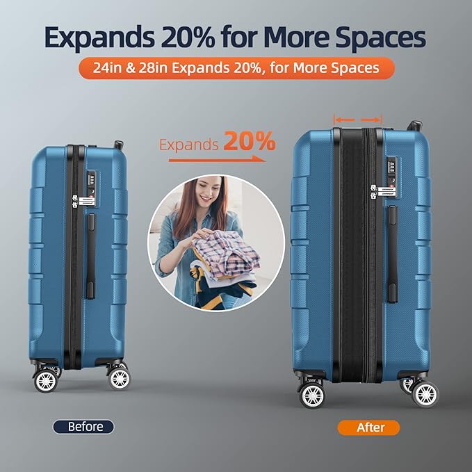 SHOWKOO Luggage Sets Expandable 100% PC Durable Suitcase Sets Double Wheels TSA Lock 4 Piece Luggage Set Navy