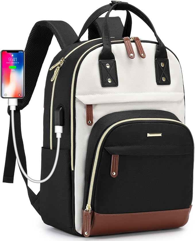 Laptop Backpack for Women Bag - 15.6 inch Work Bags with USB Charger College Bookbag Business Computer Backpack Purse Beige Black Brown