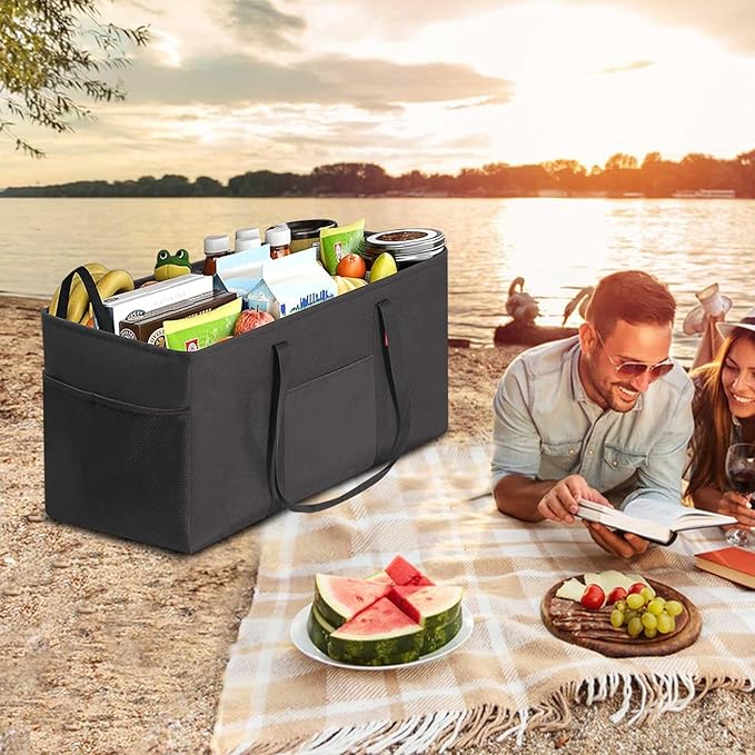 LHZK Standing Extra Large Utility Tote Bag with Metal Wire Frame and the Sides Rinforced, Extra Large Tote Bag with Handle, Reusable Grocery Bags Foldable, Beach Bag, Car Tote (Black, 26''x15''x13'')