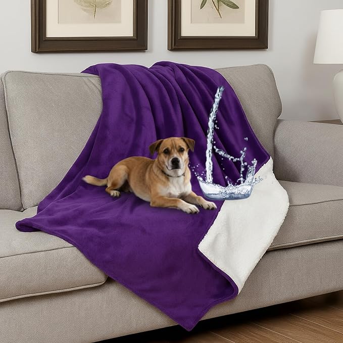 Tisancy Love Purple Waterproof Bed Blanket, Queen Size 80'' x 60'' Double Side Leakproof Reversible Sherpa Flannel Fleece 3 Layer Lightweight Red Blanket, Absorbs 50oz