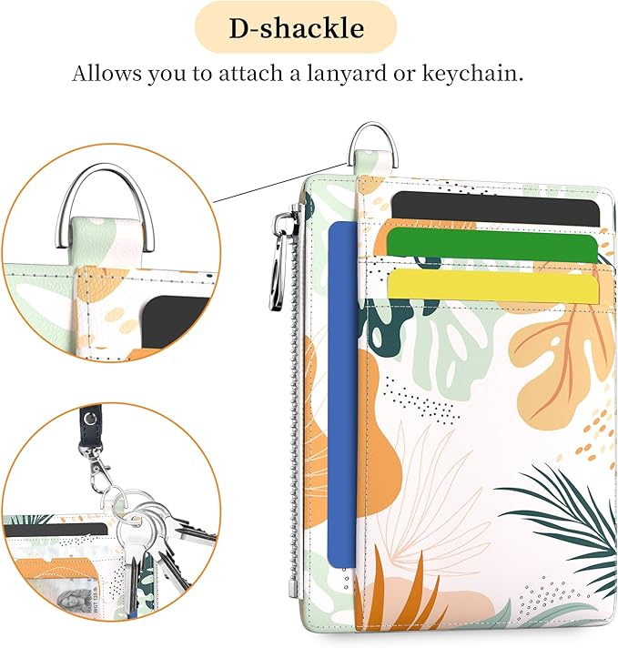 Hancynir Slim Wallet Women Credit Card Holder Abstract Boho Leaves RFID Blocking Small Mini Card Wallets Cute Front Pocket PU Leather Card Case Thin Travel Zipper Coin Cash Ladies Female Wallet Gifts
