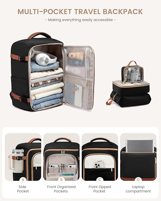 LOVEVOOK 40L Travel Backpack Carry on Flight Approved,Personal Item Bag with 3 Packing Cubes, Travel Backpack Bag for Women Fits 17" Laptop, Water-resistant Carry On Backpack for Airplanes