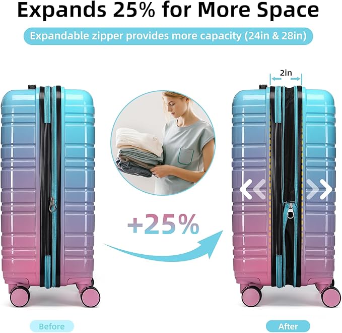LARVENDER Luggage Sets 6 Piece, Expandable PC+ABS Hardside Multicolor Suitcase Sets with TSA Lock Double Spinner Wheels, Cotton Candy