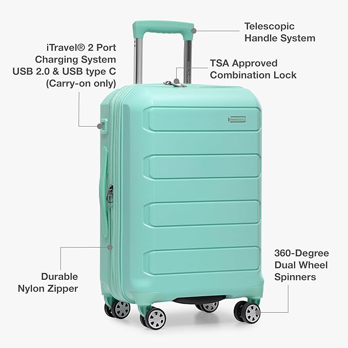 Traveler's Choice Pagosa Hardshell Expandable Luggage with Spinner Wheels, Mint, 3-Piece Set (22/26/30)