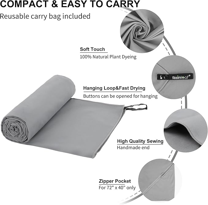 Rainleaf Microfiber Towel Perfect Travel & Gym & Camping Towel. Quick Dry - Super Absorbent - Ultra Compact - Lightweight. Suitable for Trip, Beach, Shower, Backpacking, Pool