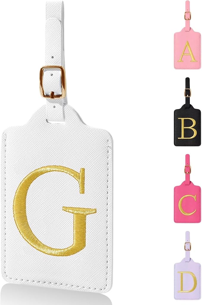 Personalized Initial Luggage Tags for Suitcases,Leather Letter Cute Luggage Tags with Privacy Name Card,Embroidered Monogrammed Travel Bag Backpack Tag Gifts for Women Kids Girls Teens(White-G)