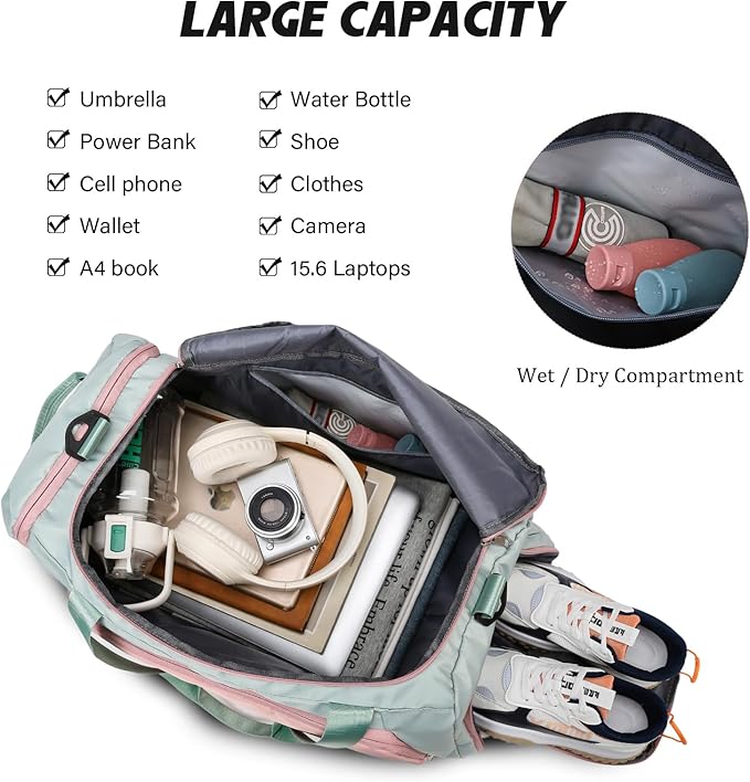 Eslcorri Gym Duffle Bag for Women Men, Sports Backpack with Wet & Shoe Compartment, Fitness Overnight Weekender Bag for Yoga, Swim, Travel (C, Purple)
