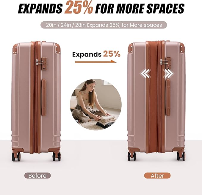 KUNEL Expandable 5 Piece Luggage Sets with Detachable Spinner Wheels and TSA Lock, Unisex Hardside ABS Suitcase Set, Hardshell Lightweight Waterproof Travel Hard Case Suitcases with Wheels, RoseGold