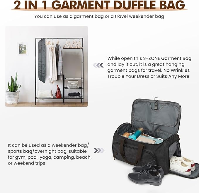 S-ZONE Carry On Garment Bag for Travel Convertible Duffle Bags for Men Women 2 in 1 Hanging Suitcase Business with Toiletry Bag