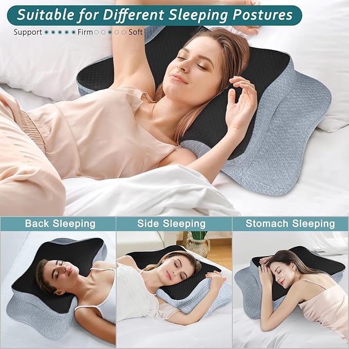 Cervical Neck Pillow for Pain Relief Sleeping, Memory Foam Pillows, Ergonomic Side Sleeper Pillows Orthopedic Neck Support Pillow for Back Stomach Sleepers-King Size Black&Grey