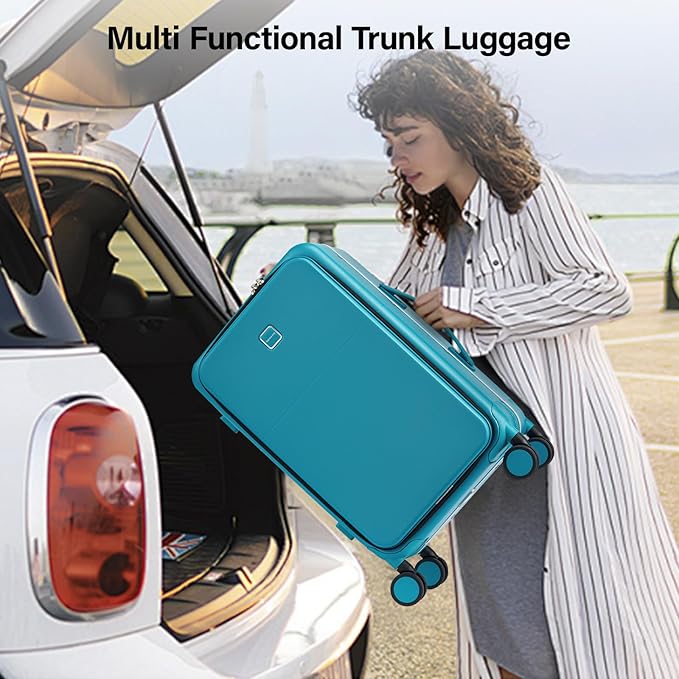 Hanke 28 Inch Luggage with Cup Holder and Charge,Top Opening Hard Shell Suitcases with Wheels and Dividers,Aluminum Frame Trunk Luggage Extra Large Suitcase with Lock for Travel,Caribbean Blue
