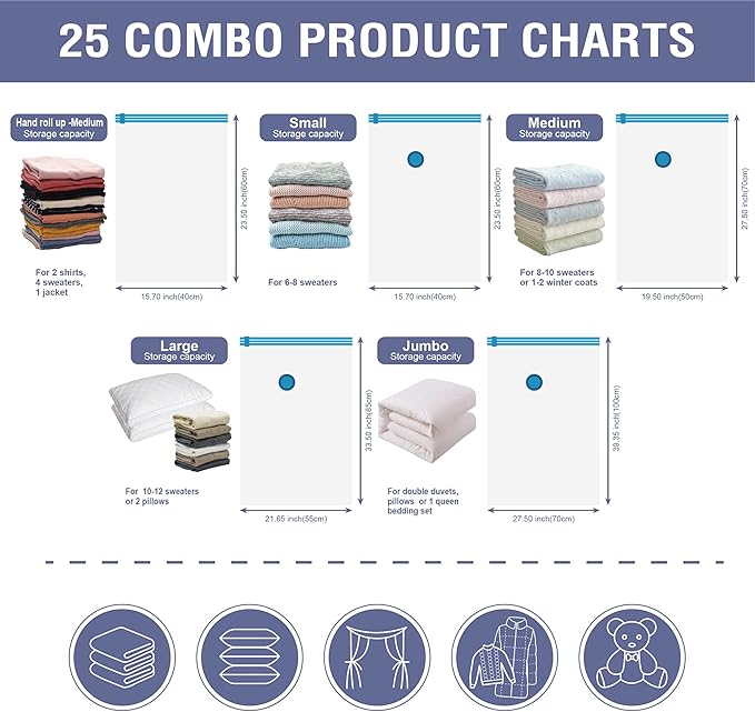 Cozy Essential Vacuum Storage Bags, 80% Compression Vacuum Seal Space Saver Plastic Packaging Bags for Clothes, Blankets, Pillow, Bedding, Comforters, Sealer Clothing Storage,25 Combo