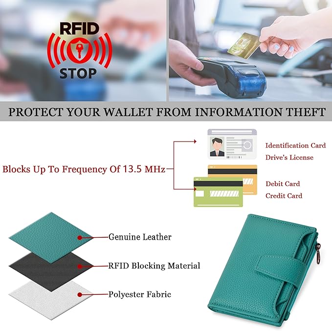 Airkit Small Wallet Women RFID Blocking Leather Bifold Compact Card Holder Wallet for Women with Zipper Coin Pocket 4 ID Window