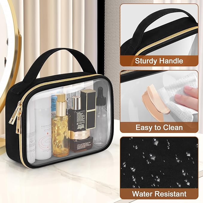 Wedama TSA Approved Toiletry Bag, 4 Pack Clear Makeup Bags with Handles, Quart Size Toiletry Bags, PVC Clear Cosmetic Bags for Women and Men, Carry on Airport Airline Compliant Bag, Black