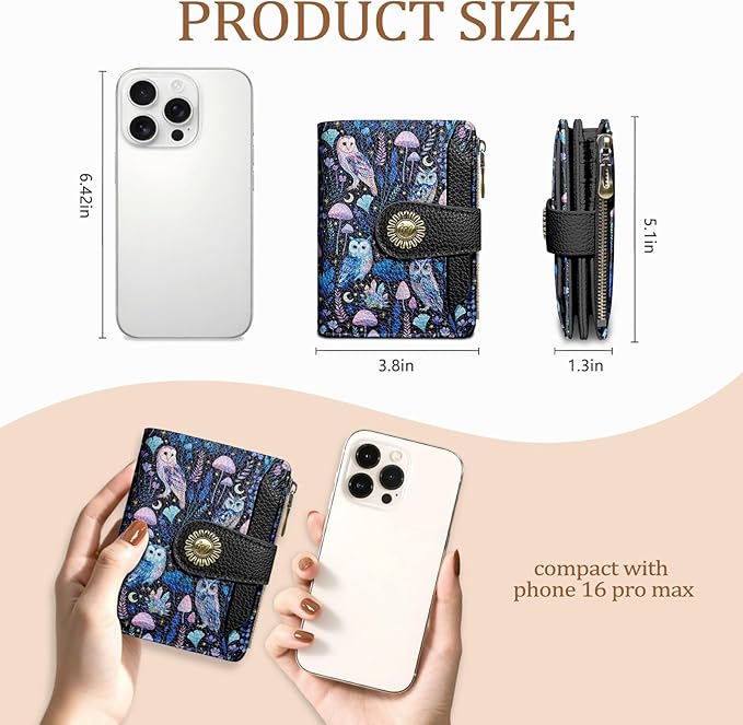 Icycay Owl Small Wallet Women RFID Blocking Bifold, Credit Card Holder, Zipper Coin Pocket, PU Leather, Magic, Compact, Travel, 4 ID Window, 14 Card Slots, Cash Purse, Ladies Woman Female Girls