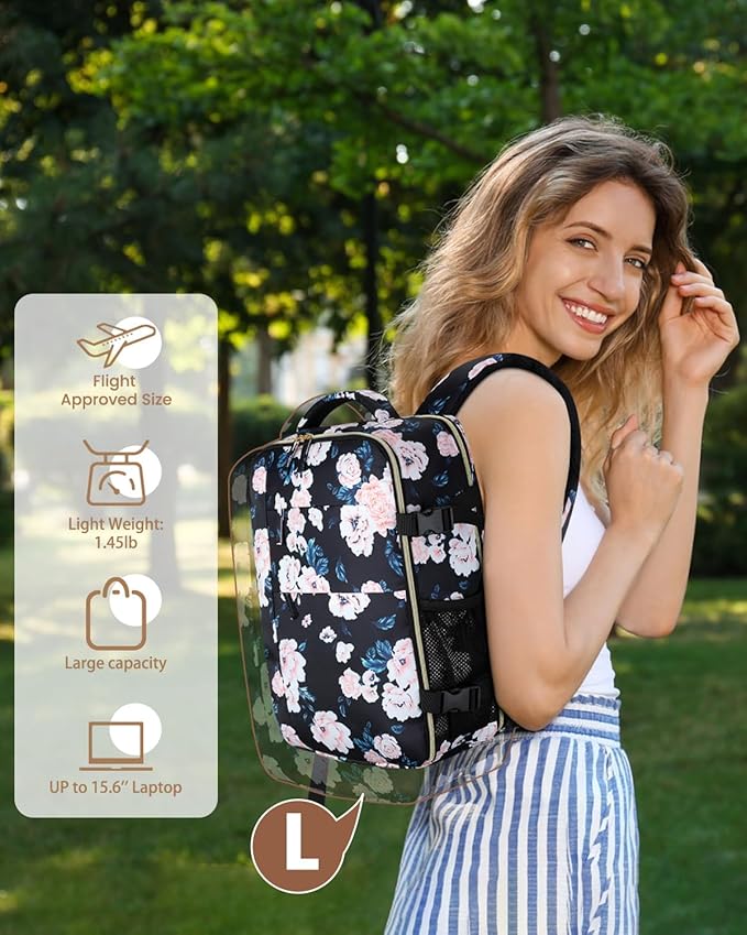 Pritent Travel Backpack for Women Man, Waterproof Personal Item Travel Bag Airline Approved Laptop Backpack Bookbag Weekender bags for Business,Travel, Work Fits 15.6 inch Laptop(Medium,Flower)