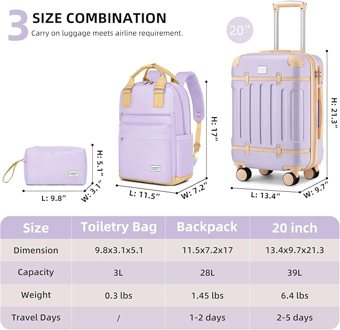 LARVENDER Luggage Sets 3 Piece Expandable Carry on Luggage 22x14x9 Airline Approved Hardshell Suitcase with Wheels TSA Lock, Lightweight Suitcase Set for Women with Travel Backpack, Lavender