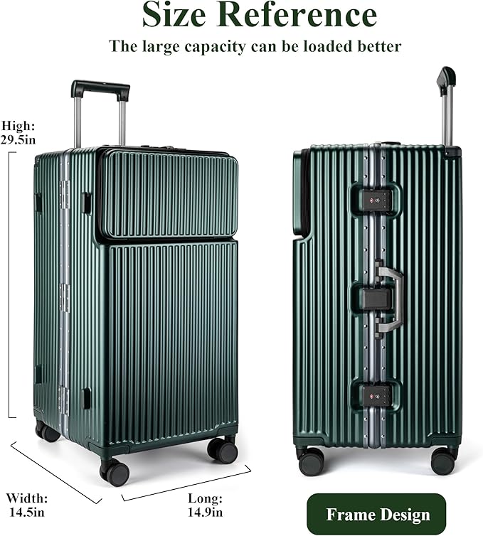 feilario 30in Super Large Captain Aluminum Frame Hardside Spinner Wheels Luggage, Zipperless Checked Suitcase with Front Compartment/Cup Holder/Phone Holder (Forest green,30in)