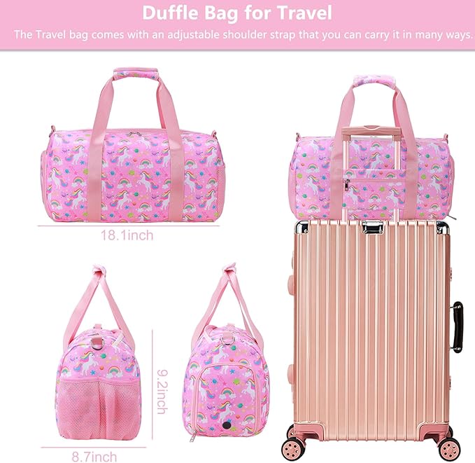 Gym Travel Duffle Bag for Girls - Gymnastics Sports Dance Bag with Shoe Compartment & Wet Pocket Unicorn Kids Travel Bag Teens Weekender Sleepover Carry On Bag
