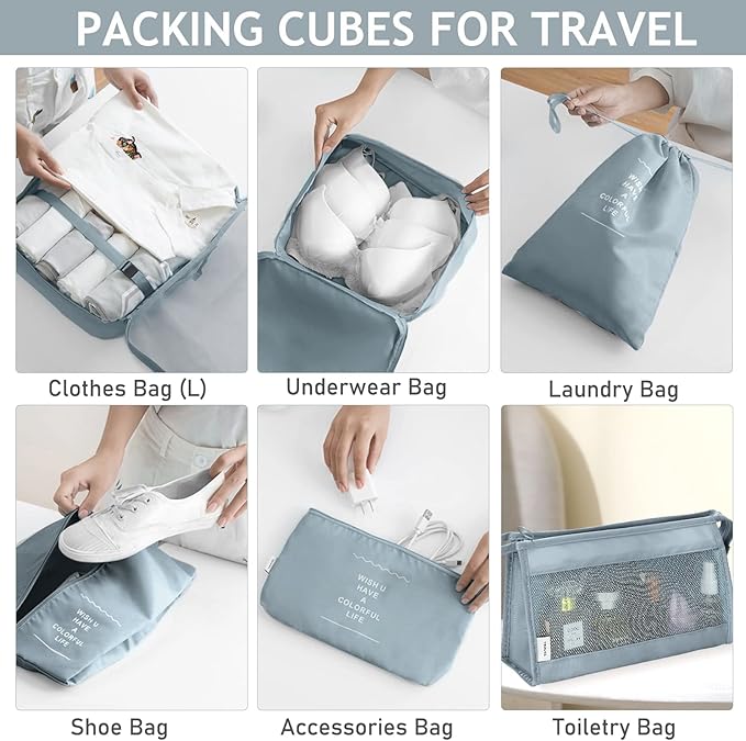 KPX 8 Set Packing Cubes for Travel, Luggage Packing Organizers Accessories Large Toiletries Bag for Clothes Shoes Cosmetics (Grey)